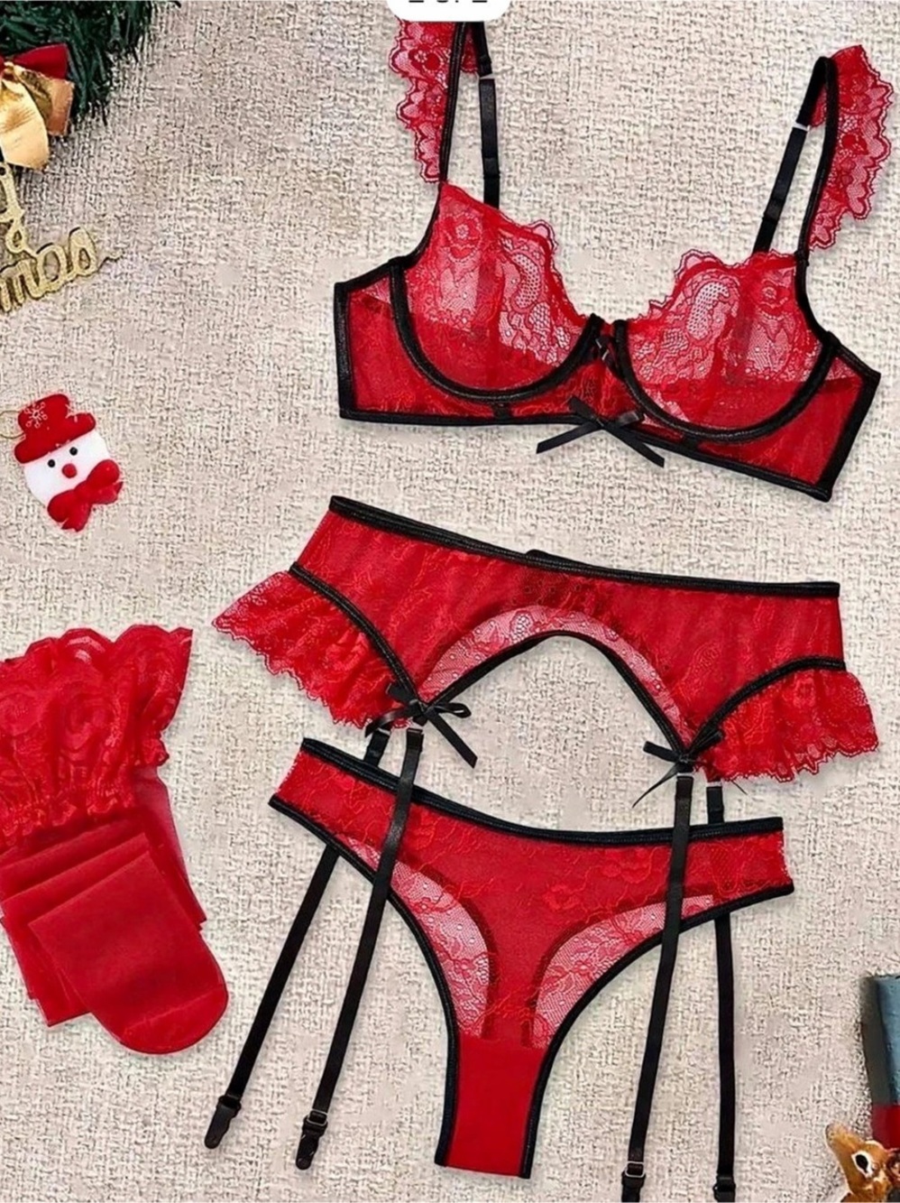 Red & Black Floral Lingerie Set Like New